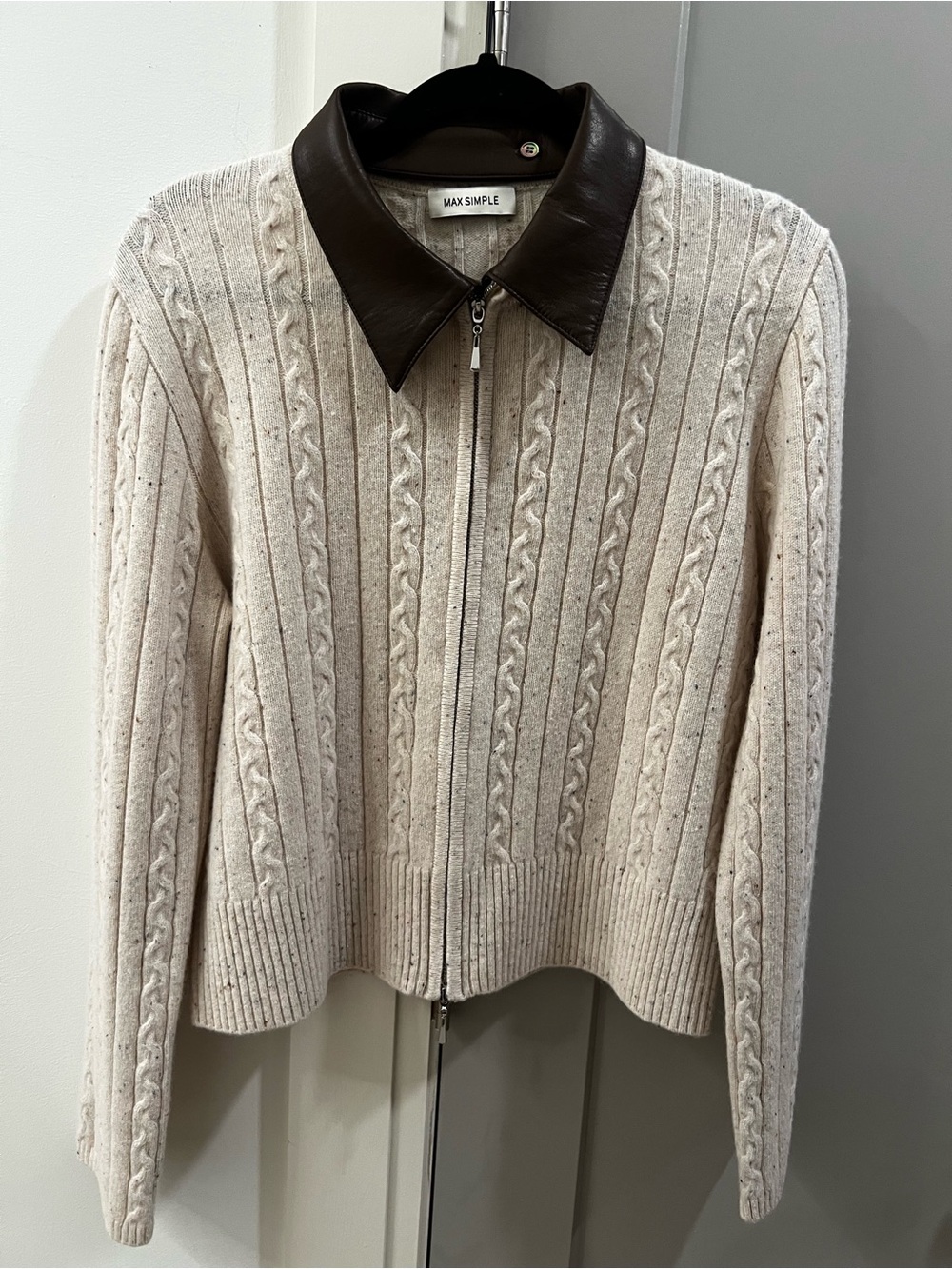 Max Simple Women's Cream Cable-Knit Zip Jacket with removable collar